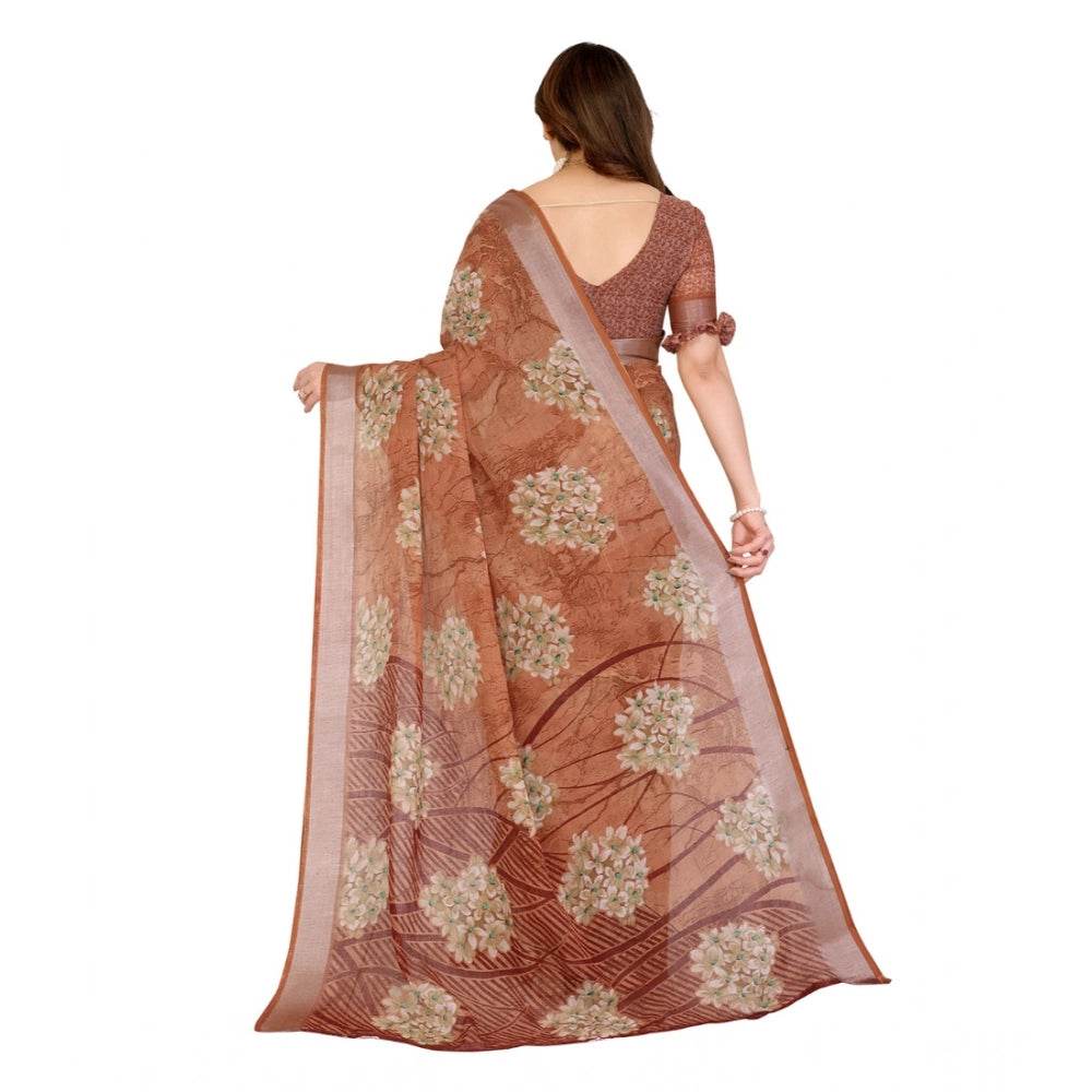 Generic Women's Georgette Printed Saree With Unstitched Blouse 5.5Mtr (Brown) - MYLUXURY LANE ENTERPRISE