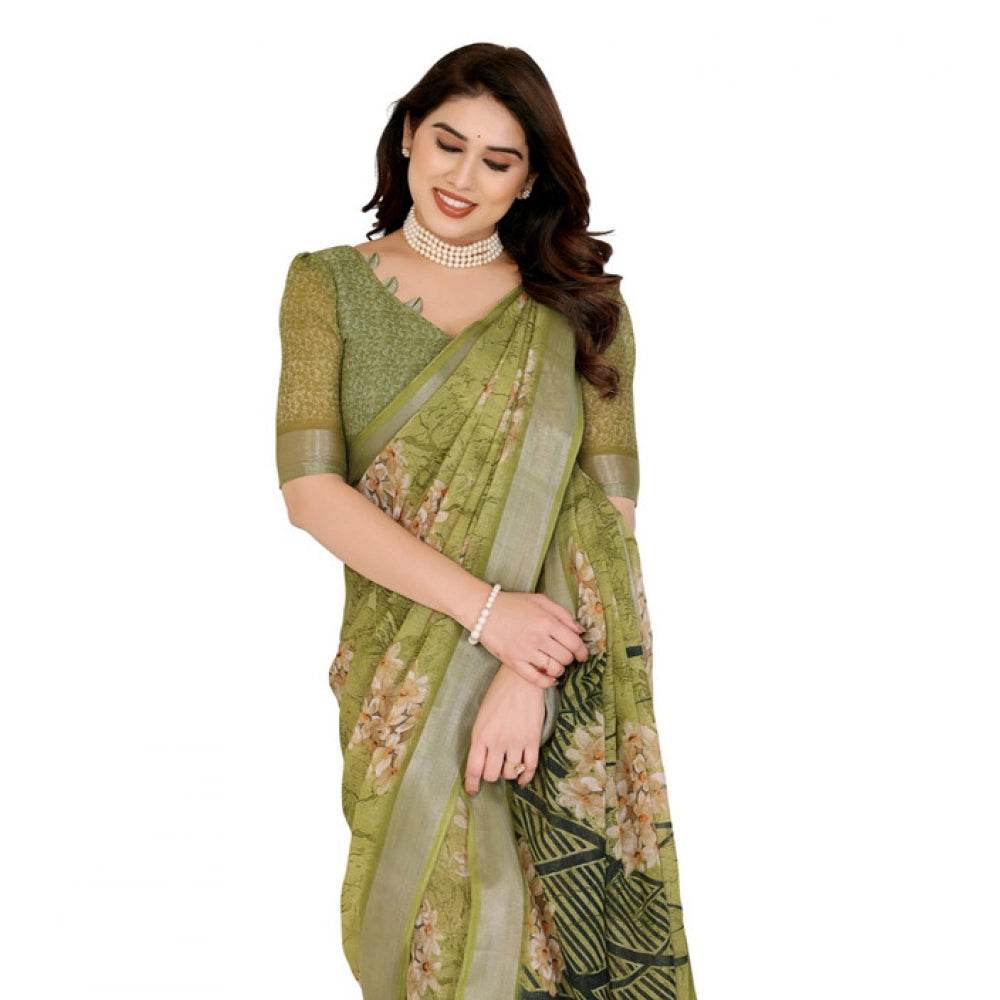 Generic Women's Georgette Printed Saree With Unstitched Blouse 5.5Mtr (Green) - MYLUXURY LANE ENTERPRISE