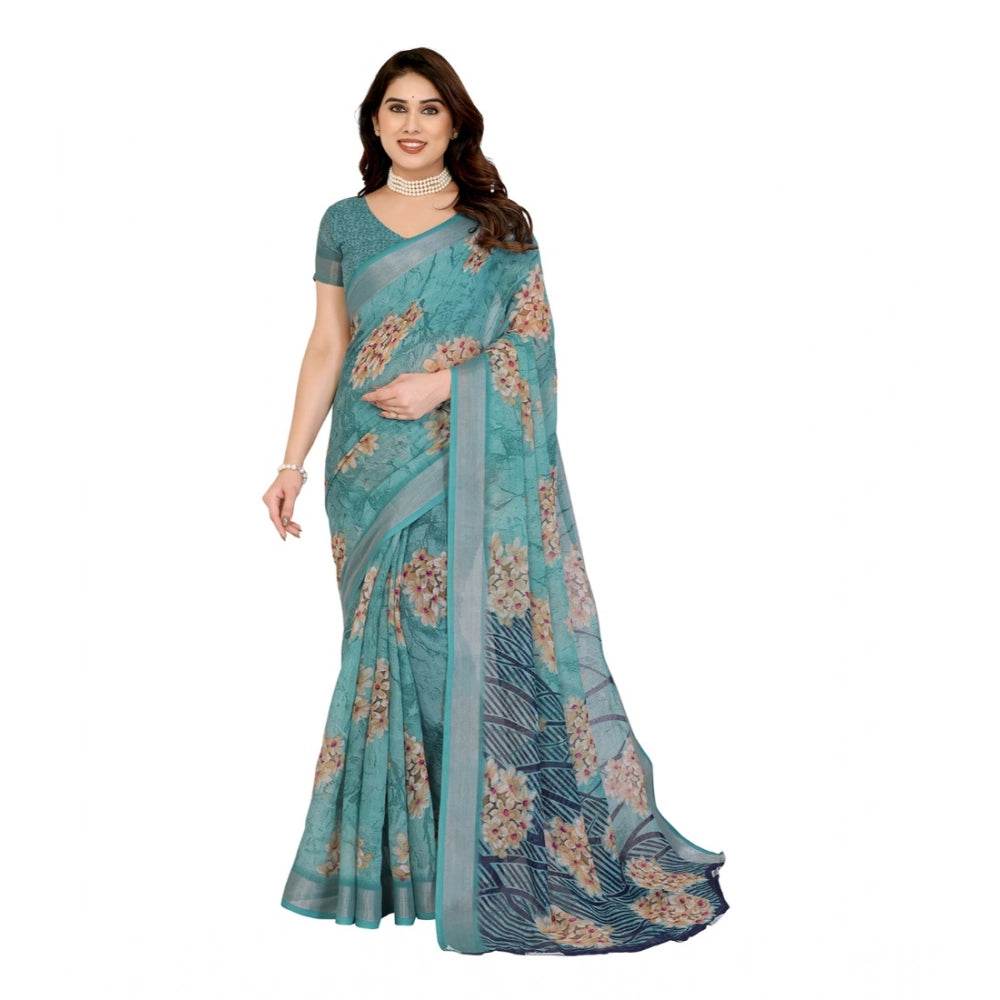 Generic Women's Georgette Printed Saree With Unstitched Blouse 5.5Mtr (Turquoise Green) - MYLUXURY LANE ENTERPRISE