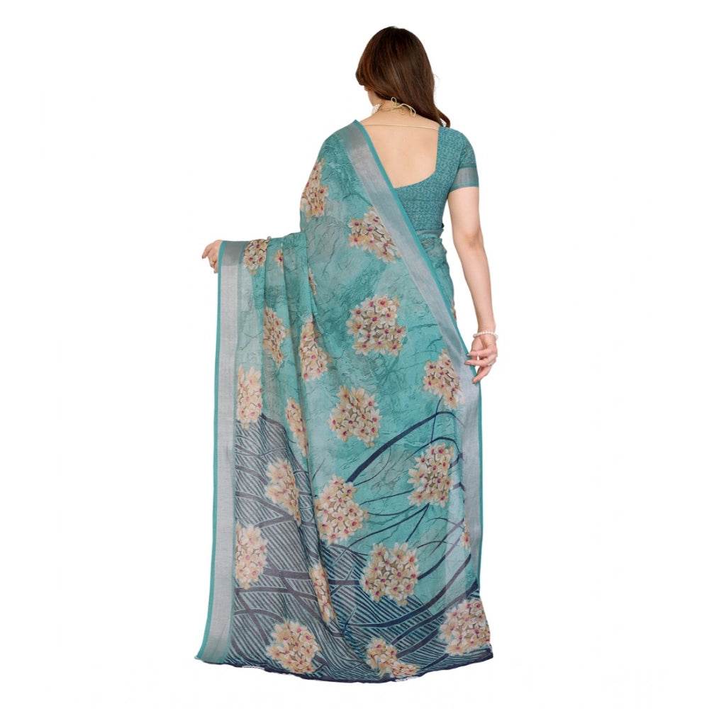Generic Women's Georgette Printed Saree With Unstitched Blouse 5.5Mtr (Turquoise Green) - MYLUXURY LANE ENTERPRISE