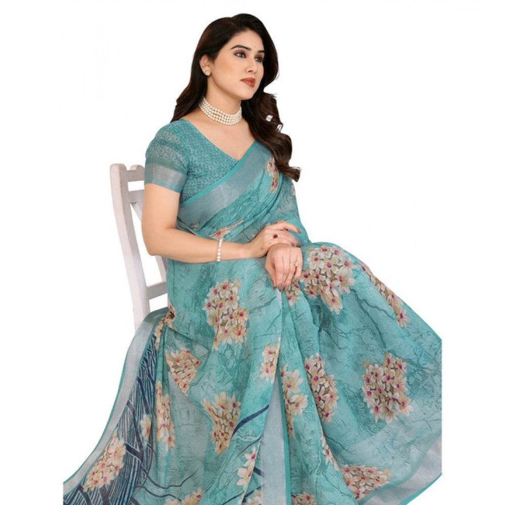 Generic Women's Georgette Printed Saree With Unstitched Blouse 5.5Mtr (Turquoise Green) - MYLUXURY LANE ENTERPRISE