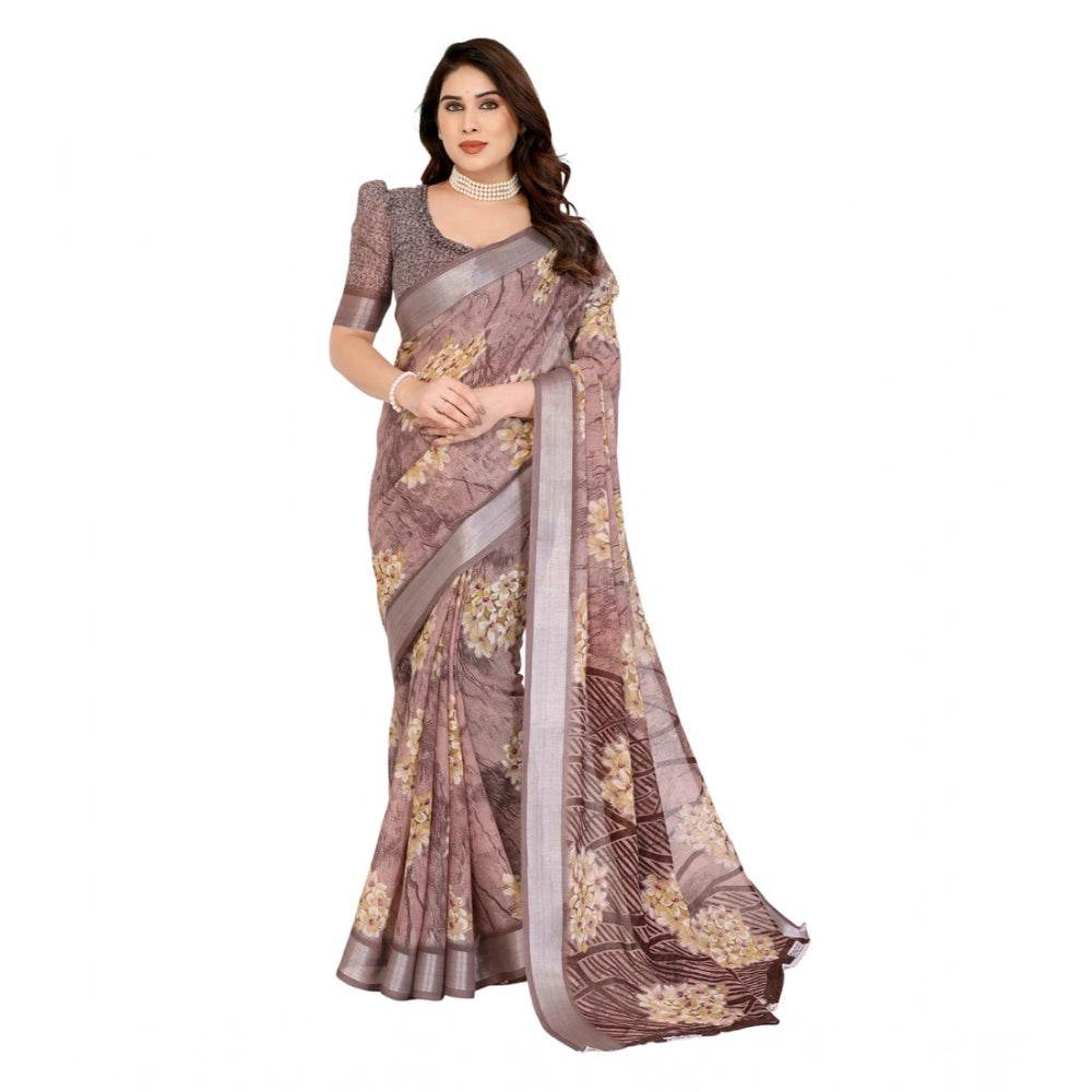 Generic Women's Georgette Printed Saree With Unstitched Blouse 5.5Mtr (Brown) - MYLUXURY LANE ENTERPRISE