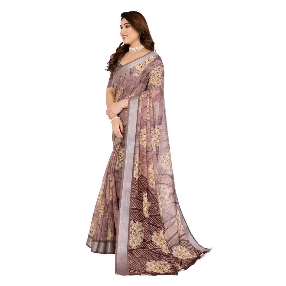 Generic Women's Georgette Printed Saree With Unstitched Blouse 5.5Mtr (Brown) - MYLUXURY LANE ENTERPRISE