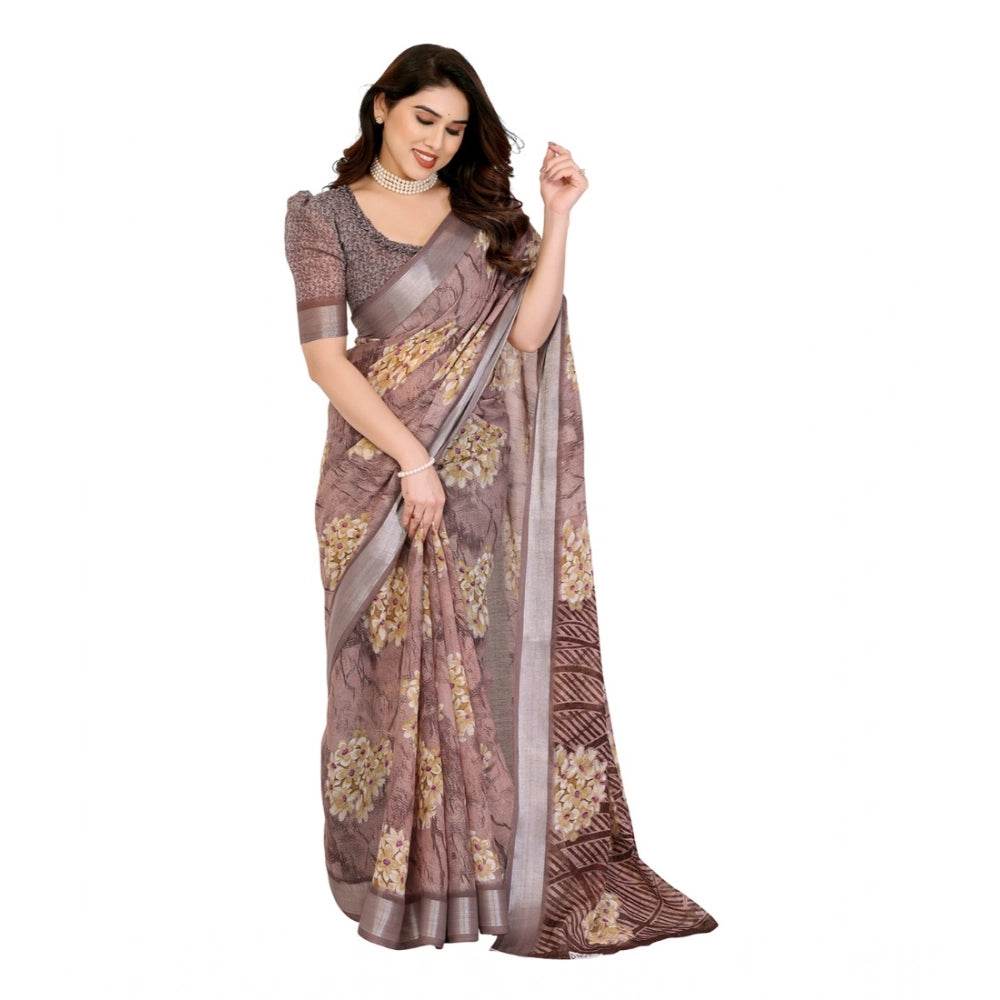 Generic Women's Georgette Printed Saree With Unstitched Blouse 5.5Mtr (Brown) - MYLUXURY LANE ENTERPRISE