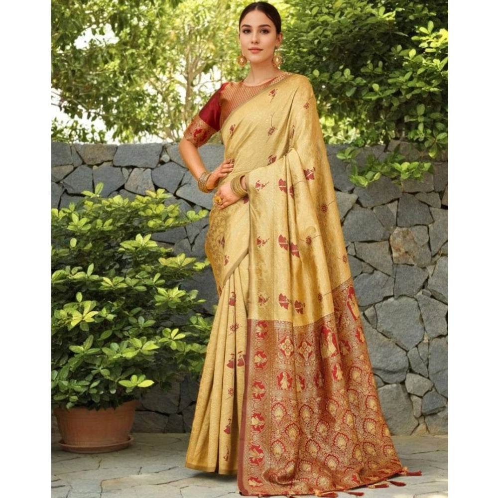 Generic Women's Silk Blend Woven Paithani Saree With Unstitched Blouse 5.5Mtr (Beige) - MYLUXURY LANE ENTERPRISE