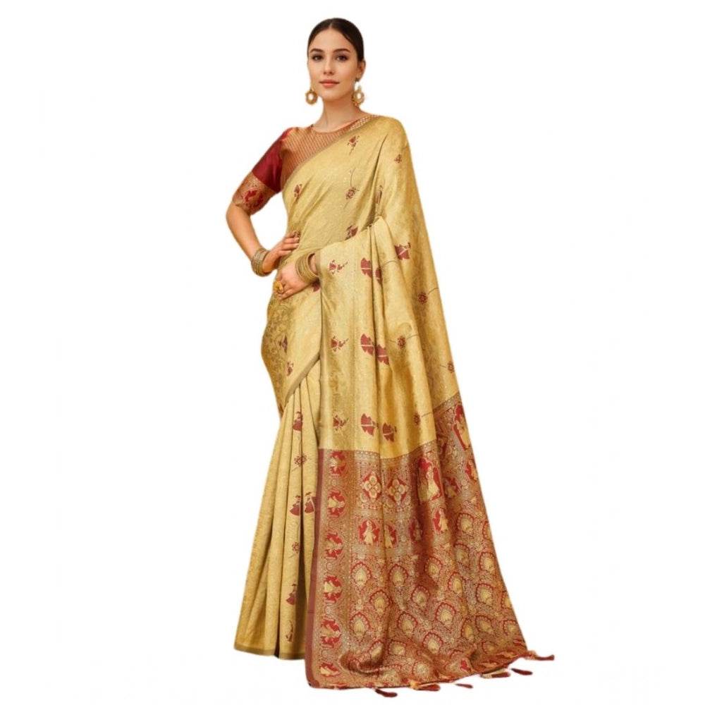 Generic Women's Silk Blend Woven Paithani Saree With Unstitched Blouse 5.5Mtr (Beige) - MYLUXURY LANE ENTERPRISE