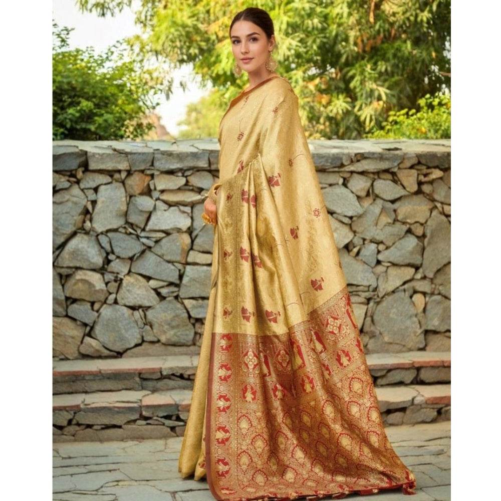 Generic Women's Silk Blend Woven Paithani Saree With Unstitched Blouse 5.5Mtr (Beige) - MYLUXURY LANE ENTERPRISE