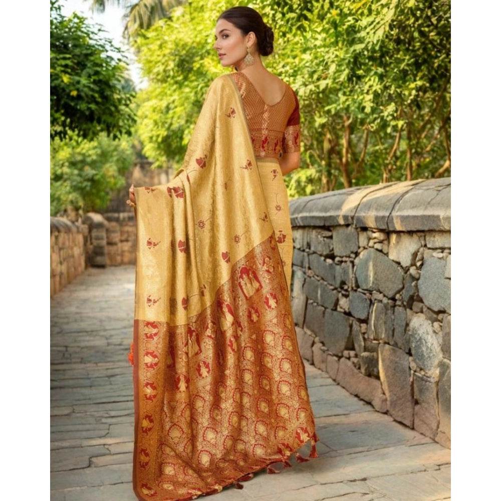 Generic Women's Silk Blend Woven Paithani Saree With Unstitched Blouse 5.5Mtr (Beige) - MYLUXURY LANE ENTERPRISE