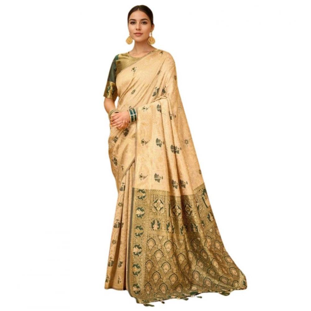 Generic Women's Silk Blend Woven Paithani Saree With Unstitched Blouse 5.5Mtr (Cream) - MYLUXURY LANE ENTERPRISE