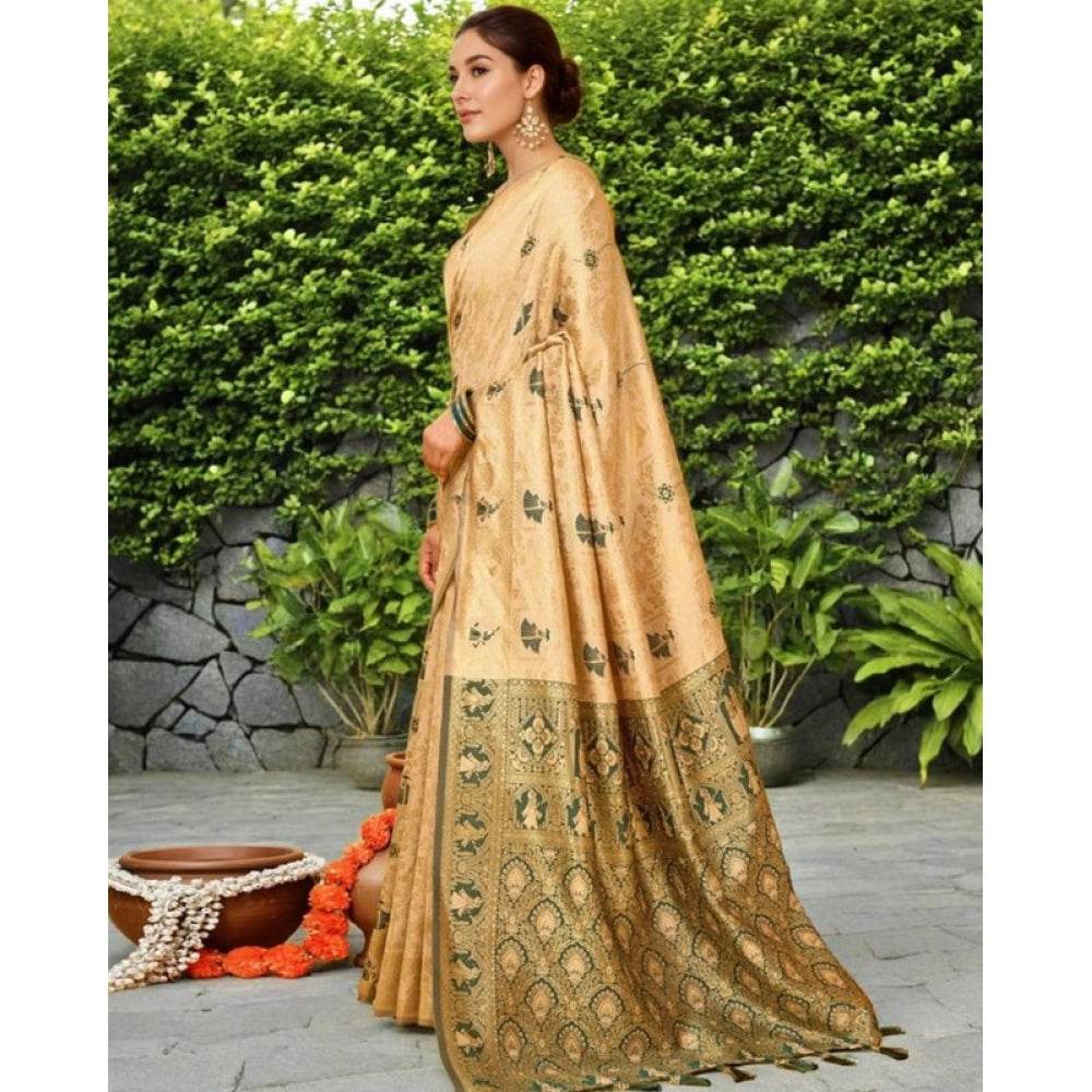 Generic Women's Silk Blend Woven Paithani Saree With Unstitched Blouse 5.5Mtr (Cream) - MYLUXURY LANE ENTERPRISE