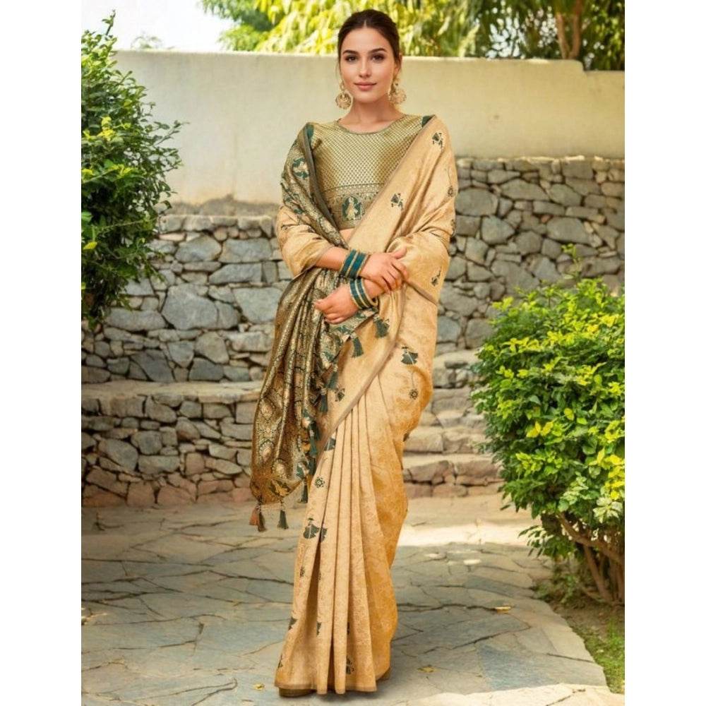 Generic Women's Silk Blend Woven Paithani Saree With Unstitched Blouse 5.5Mtr (Cream) - MYLUXURY LANE ENTERPRISE