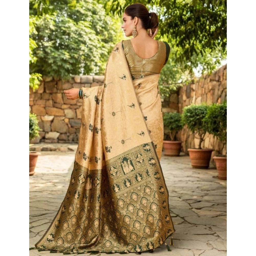 Generic Women's Silk Blend Woven Paithani Saree With Unstitched Blouse 5.5Mtr (Cream) - MYLUXURY LANE ENTERPRISE