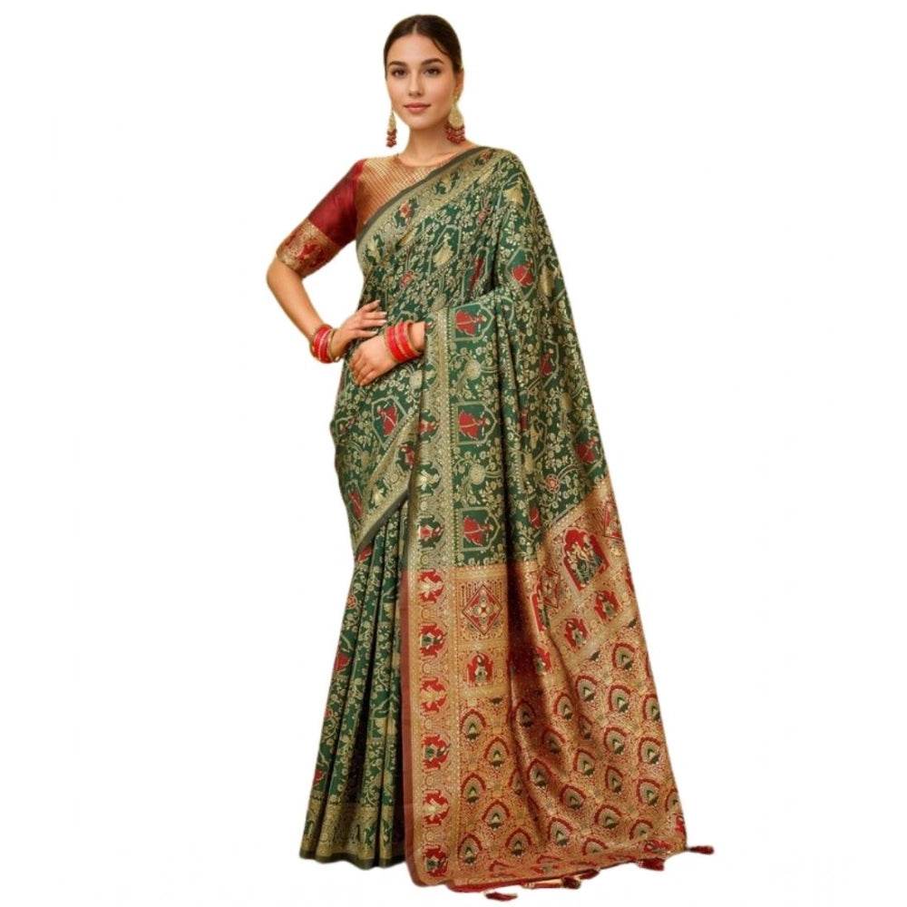 Generic Women's Silk Blend Woven Paithani Saree With Unstitched Blouse 5.5Mtr (Green) - MYLUXURY LANE ENTERPRISE