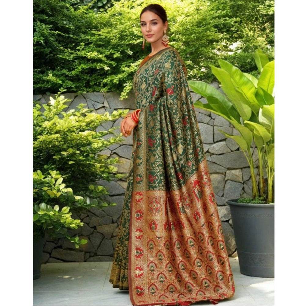 Generic Women's Silk Blend Woven Paithani Saree With Unstitched Blouse 5.5Mtr (Green) - MYLUXURY LANE ENTERPRISE