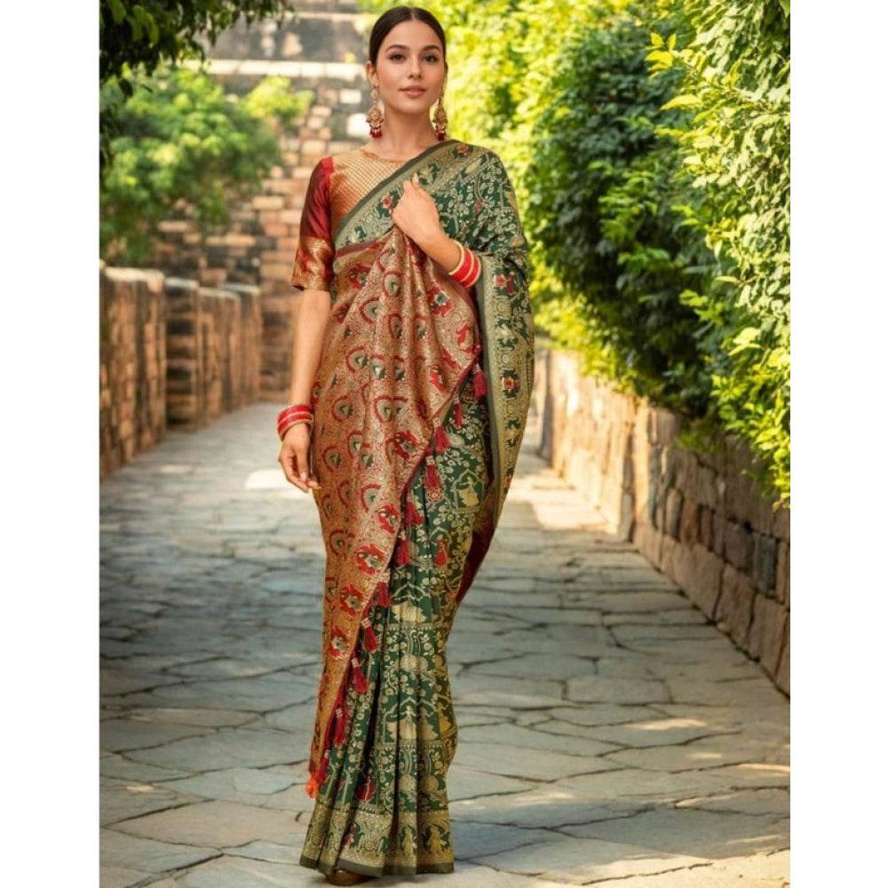 Generic Women's Silk Blend Woven Paithani Saree With Unstitched Blouse 5.5Mtr (Green) - MYLUXURY LANE ENTERPRISE