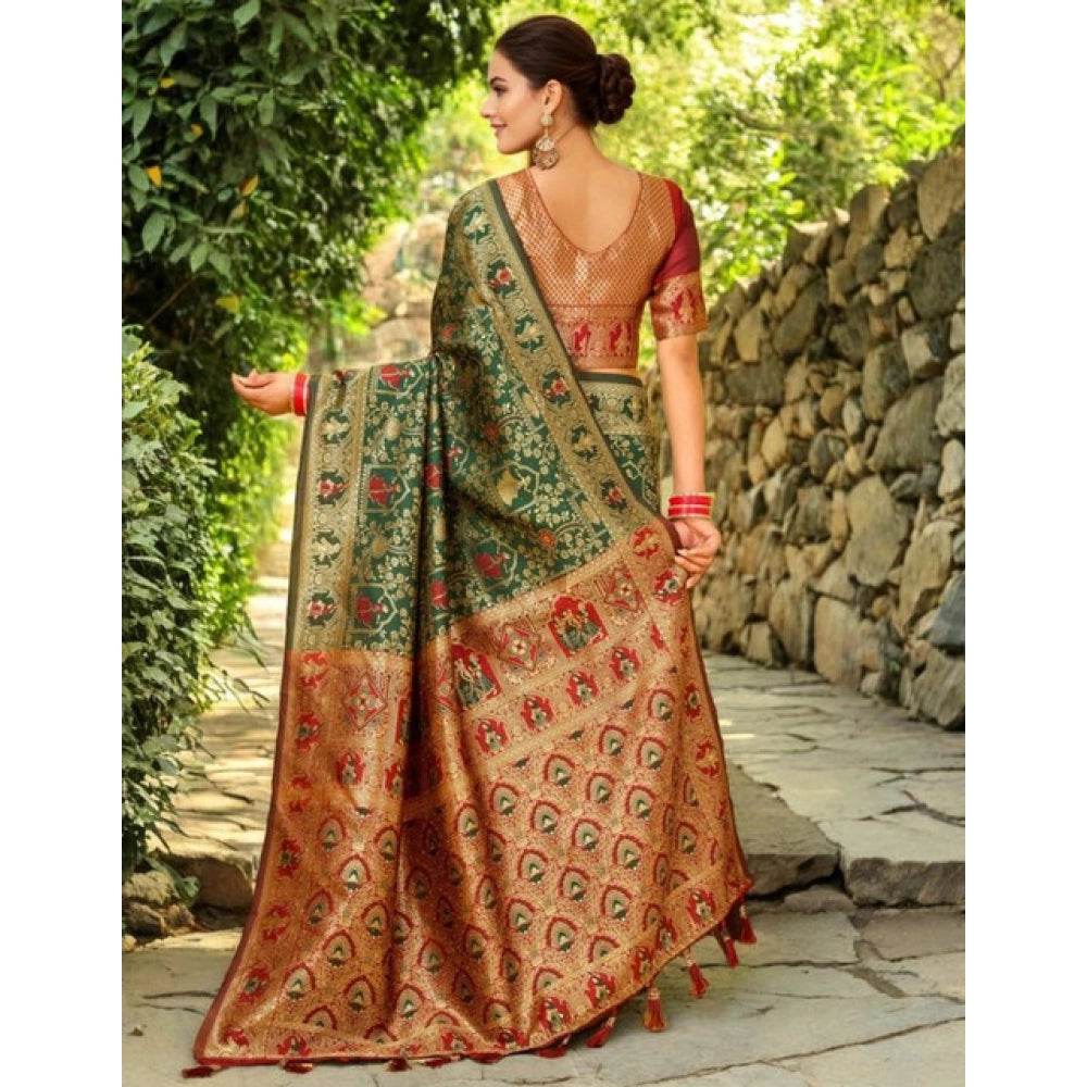 Generic Women's Silk Blend Woven Paithani Saree With Unstitched Blouse 5.5Mtr (Green) - MYLUXURY LANE ENTERPRISE