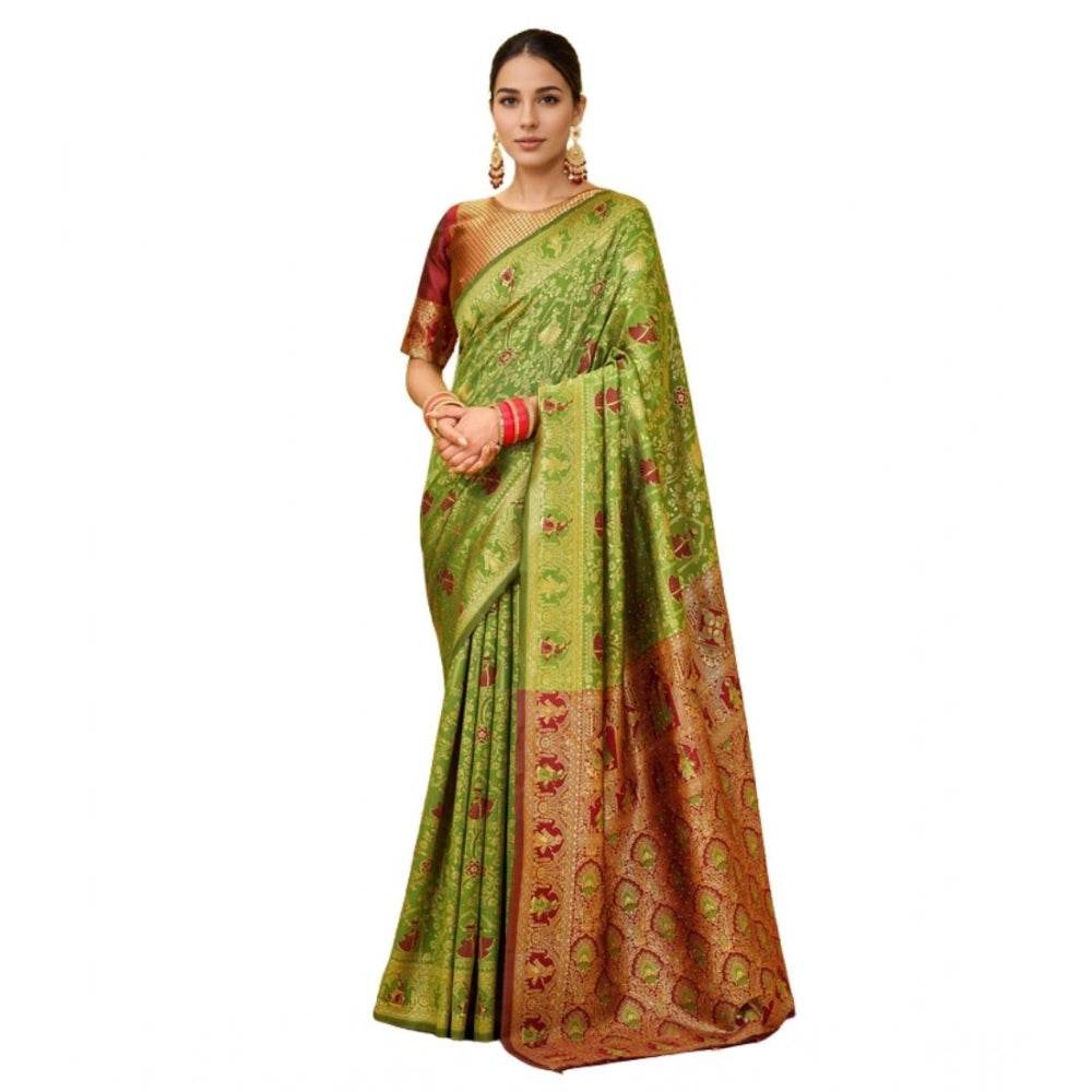 Generic Women's Silk Blend Woven Paithani Saree With Unstitched Blouse 5.5Mtr (Light Green) - MYLUXURY LANE ENTERPRISE