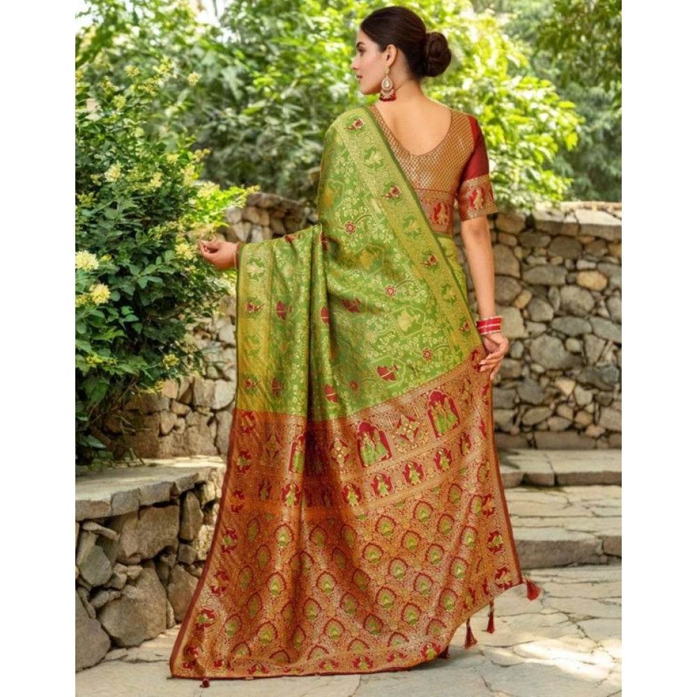 Generic Women's Silk Blend Woven Paithani Saree With Unstitched Blouse 5.5Mtr (Light Green) - MYLUXURY LANE ENTERPRISE