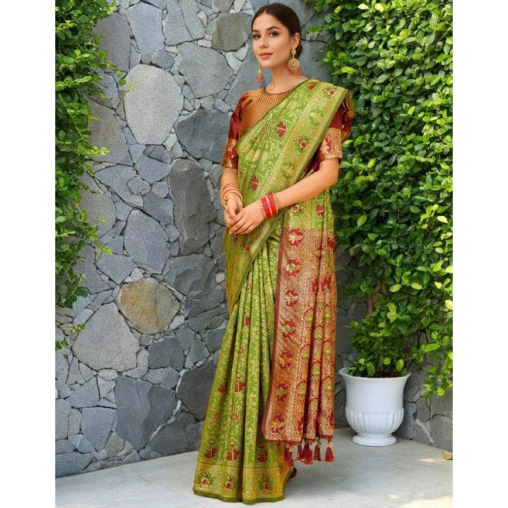 Generic Women's Silk Blend Woven Paithani Saree With Unstitched Blouse 5.5Mtr (Light Green) - MYLUXURY LANE ENTERPRISE