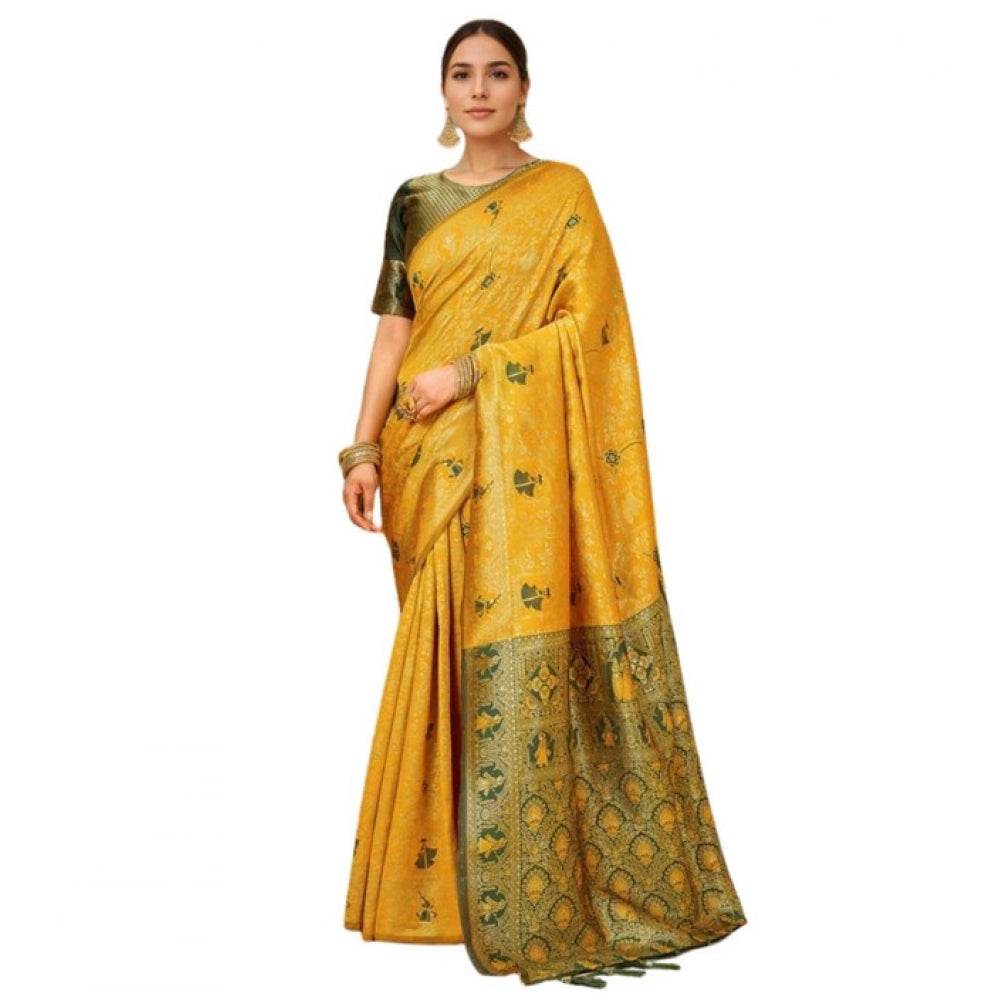 Generic Women's Silk Blend Woven Paithani Saree With Unstitched Blouse 5.5Mtr (Mustard) - MYLUXURY LANE ENTERPRISE