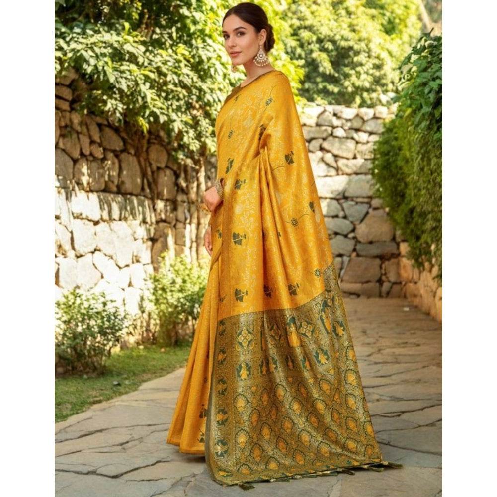 Generic Women's Silk Blend Woven Paithani Saree With Unstitched Blouse 5.5Mtr (Mustard) - MYLUXURY LANE ENTERPRISE