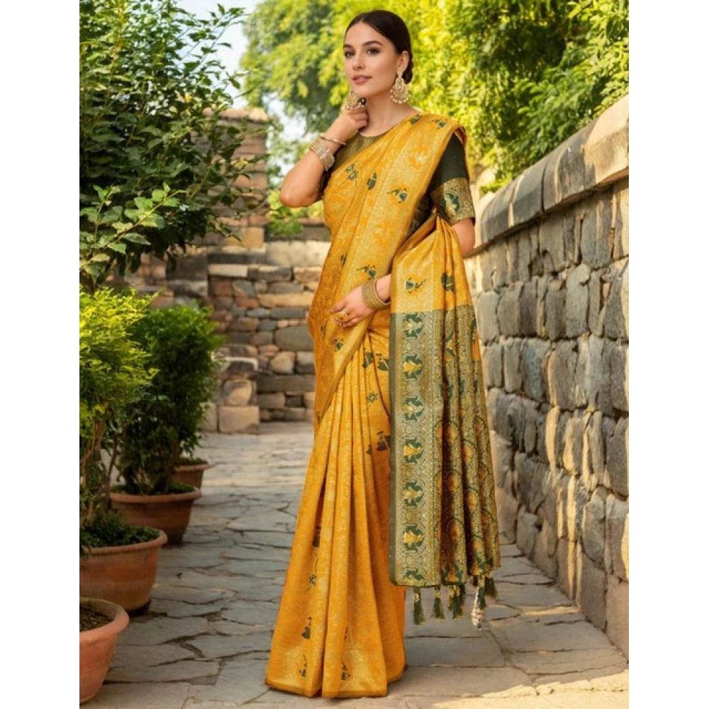 Generic Women's Silk Blend Woven Paithani Saree With Unstitched Blouse 5.5Mtr (Mustard) - MYLUXURY LANE ENTERPRISE