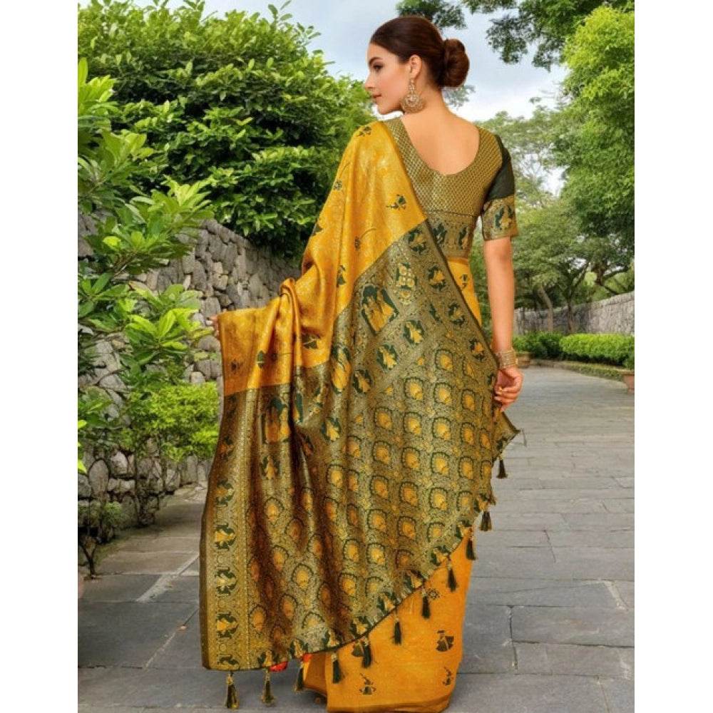 Generic Women's Silk Blend Woven Paithani Saree With Unstitched Blouse 5.5Mtr (Mustard) - MYLUXURY LANE ENTERPRISE