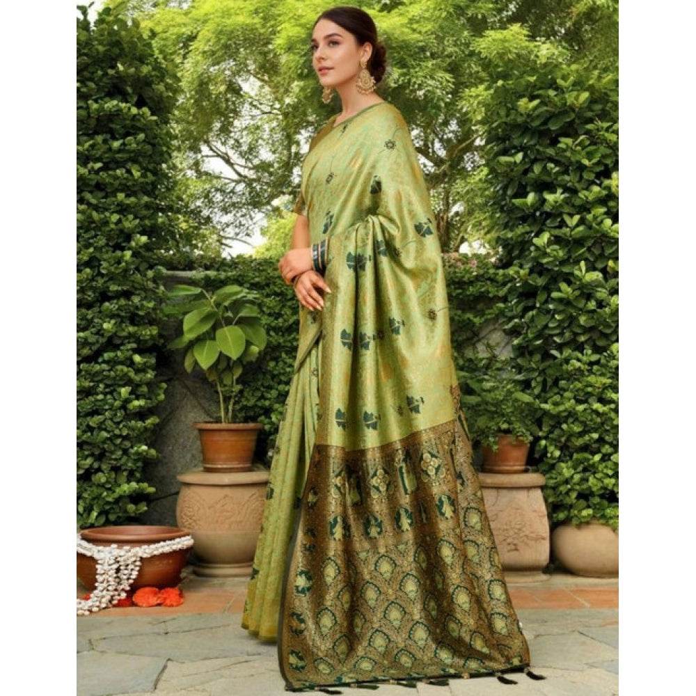 Generic Women's Silk Blend Woven Paithani Saree With Unstitched Blouse 5.5Mtr (Olive) - MYLUXURY LANE ENTERPRISE
