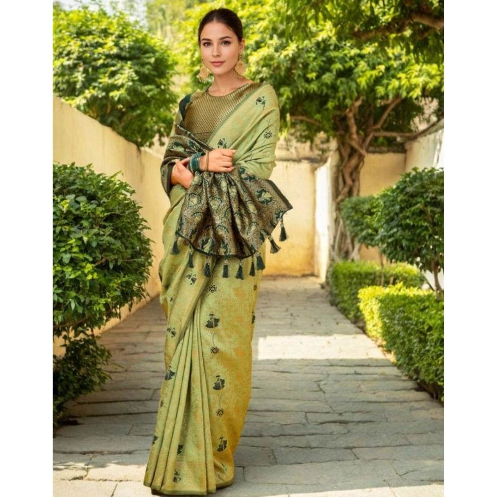 Generic Women's Silk Blend Woven Paithani Saree With Unstitched Blouse 5.5Mtr (Olive) - MYLUXURY LANE ENTERPRISE