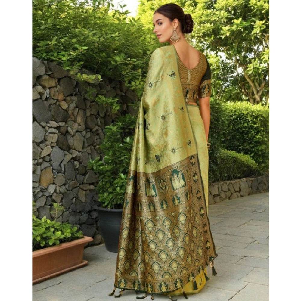 Generic Women's Silk Blend Woven Paithani Saree With Unstitched Blouse 5.5Mtr (Olive) - MYLUXURY LANE ENTERPRISE