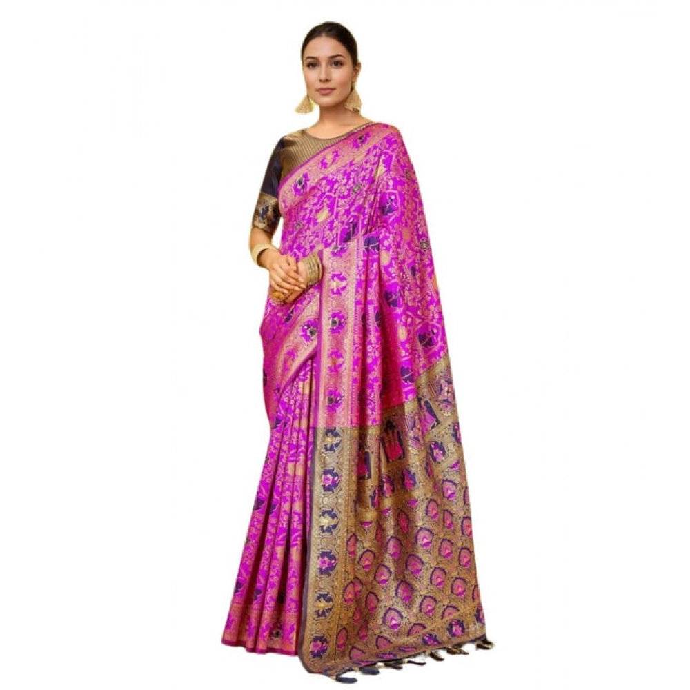 Generic Women's Silk Blend Woven Paithani Saree With Unstitched Blouse 5.5Mtr (Pink) - MYLUXURY LANE ENTERPRISE