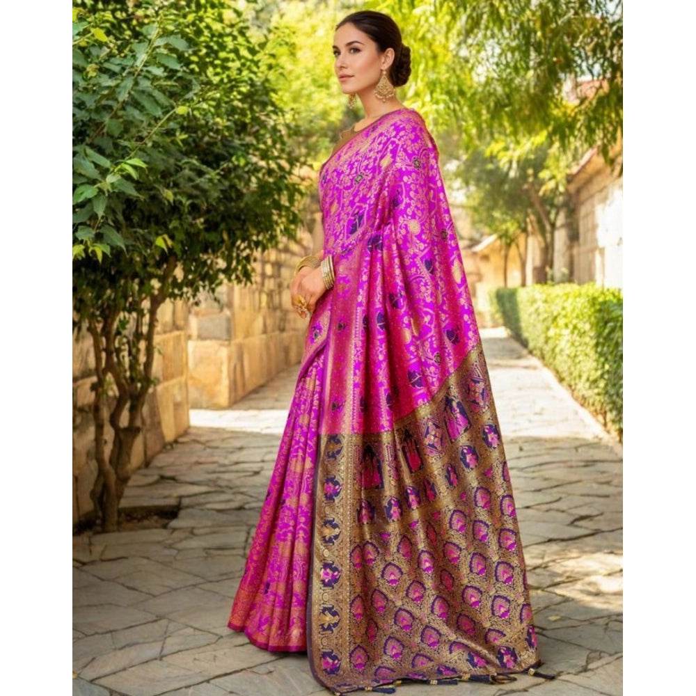Generic Women's Silk Blend Woven Paithani Saree With Unstitched Blouse 5.5Mtr (Pink) - MYLUXURY LANE ENTERPRISE