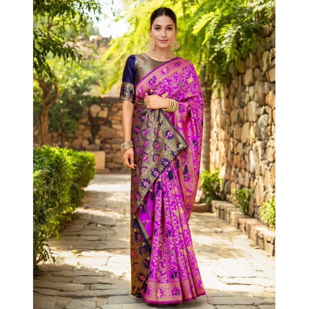 Generic Women's Silk Blend Woven Paithani Saree With Unstitched Blouse 5.5Mtr (Pink) - MYLUXURY LANE ENTERPRISE