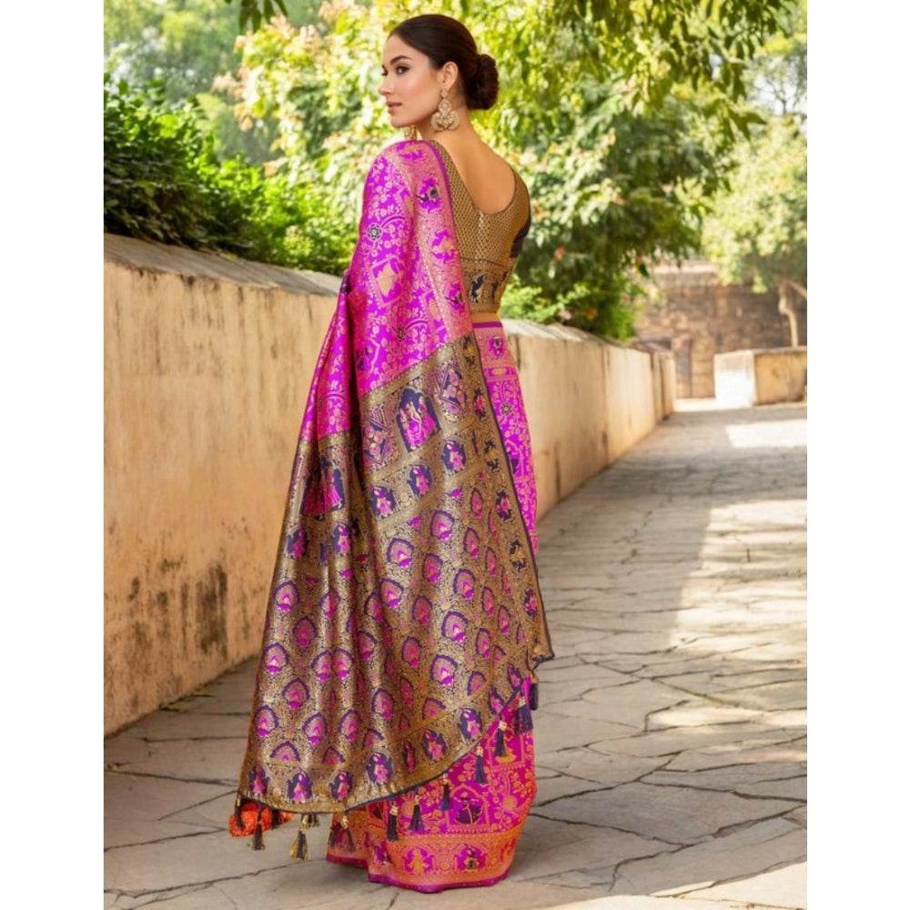 Generic Women's Silk Blend Woven Paithani Saree With Unstitched Blouse 5.5Mtr (Pink) - MYLUXURY LANE ENTERPRISE