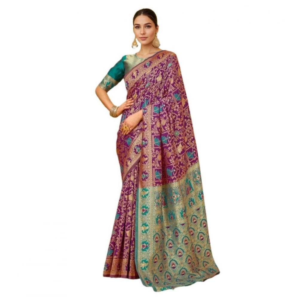 Generic Women's Silk Blend Woven Paithani Saree With Unstitched Blouse 5.5Mtr (Purple) - MYLUXURY LANE ENTERPRISE