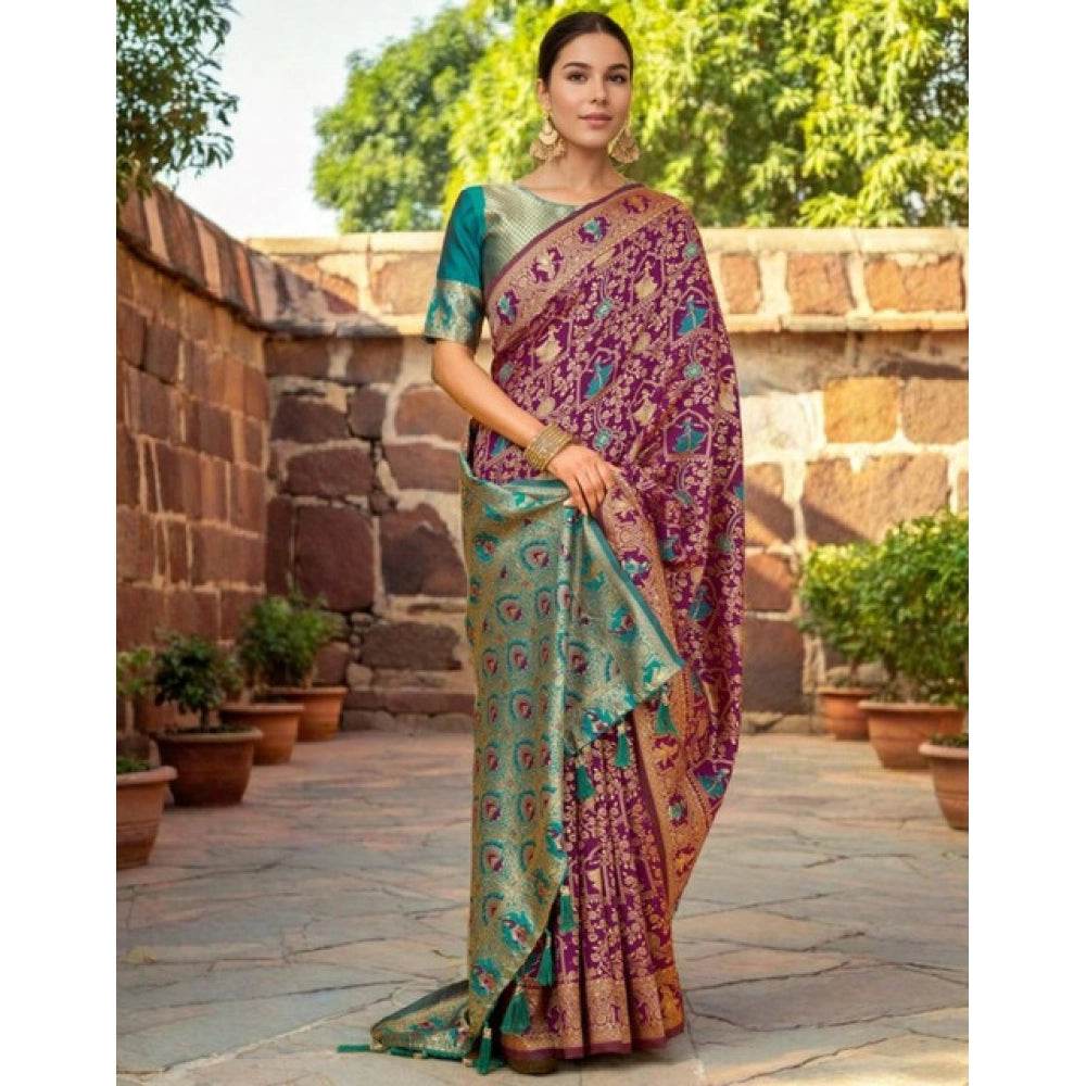 Generic Women's Silk Blend Woven Paithani Saree With Unstitched Blouse 5.5Mtr (Purple) - MYLUXURY LANE ENTERPRISE