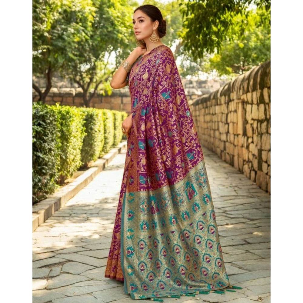 Generic Women's Silk Blend Woven Paithani Saree With Unstitched Blouse 5.5Mtr (Purple) - MYLUXURY LANE ENTERPRISE