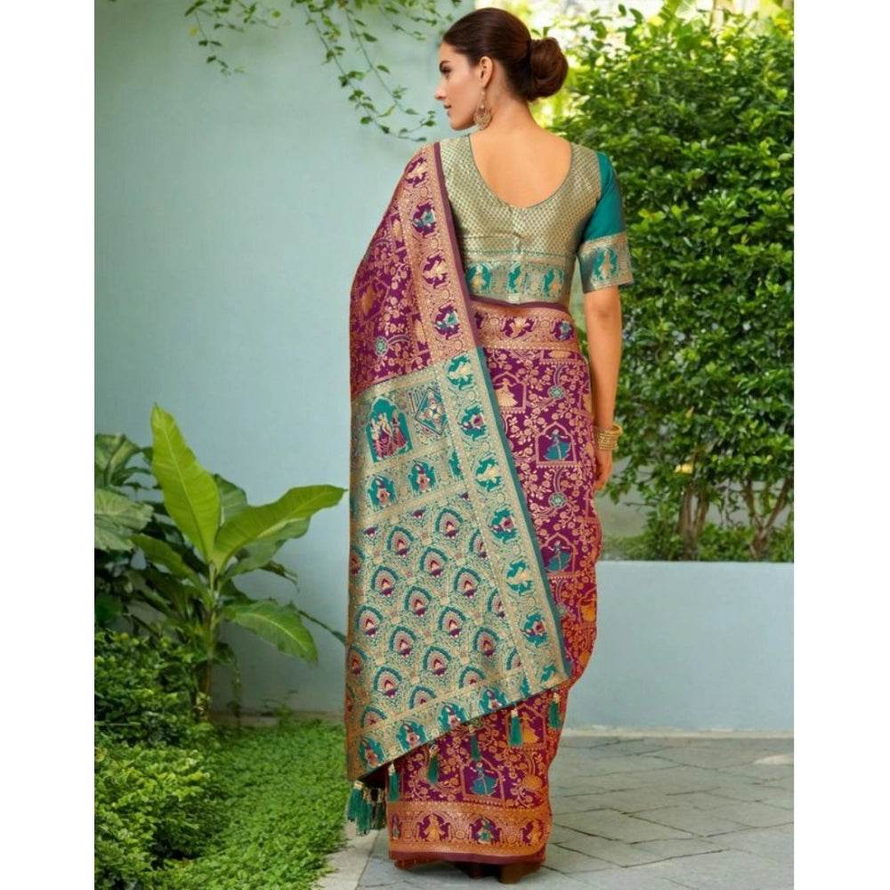 Generic Women's Silk Blend Woven Paithani Saree With Unstitched Blouse 5.5Mtr (Purple) - MYLUXURY LANE ENTERPRISE