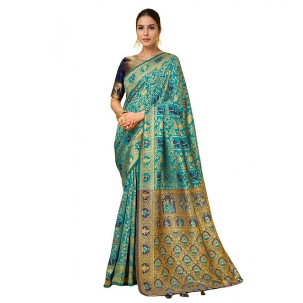 Generic Women's Silk Blend Woven Paithani Saree With Unstitched Blouse 5.5Mtr (Rama) - MYLUXURY LANE ENTERPRISE