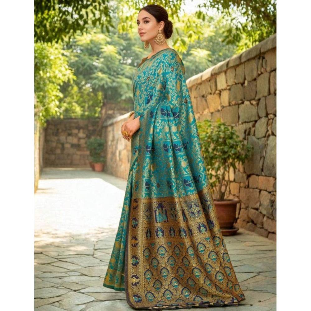 Generic Women's Silk Blend Woven Paithani Saree With Unstitched Blouse 5.5Mtr (Rama) - MYLUXURY LANE ENTERPRISE