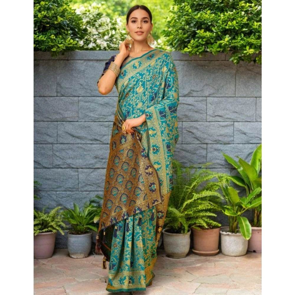 Generic Women's Silk Blend Woven Paithani Saree With Unstitched Blouse 5.5Mtr (Rama) - MYLUXURY LANE ENTERPRISE