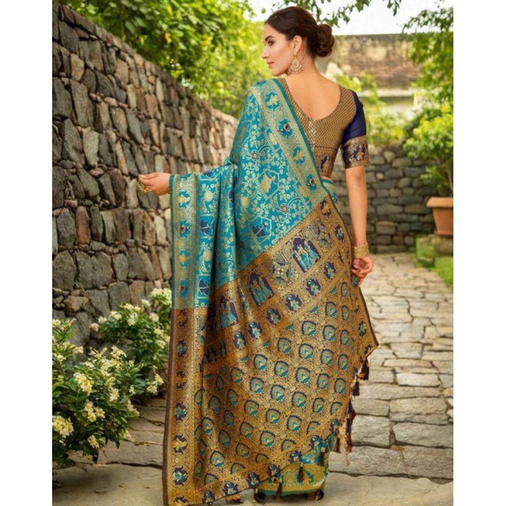 Generic Women's Silk Blend Woven Paithani Saree With Unstitched Blouse 5.5Mtr (Rama) - MYLUXURY LANE ENTERPRISE