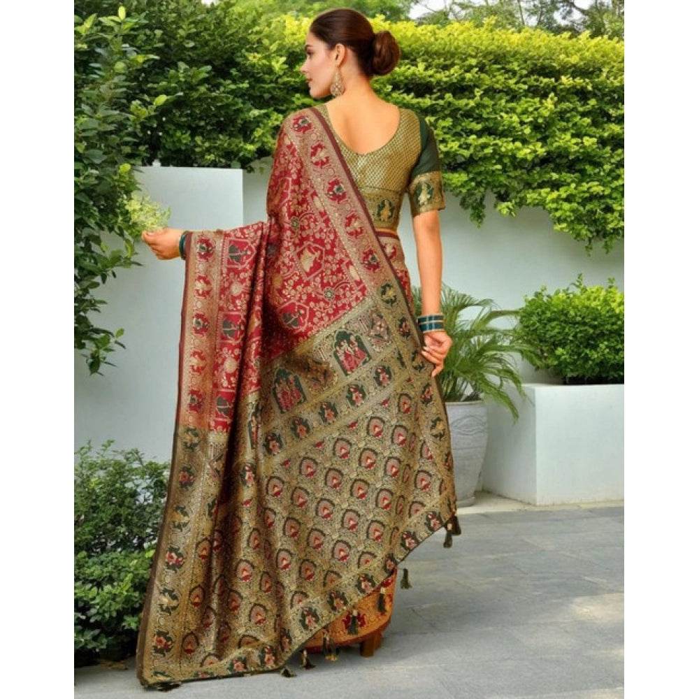 Generic Women's Silk Blend Woven Paithani Saree With Unstitched Blouse 5.5Mtr (Red) - MYLUXURY LANE ENTERPRISE
