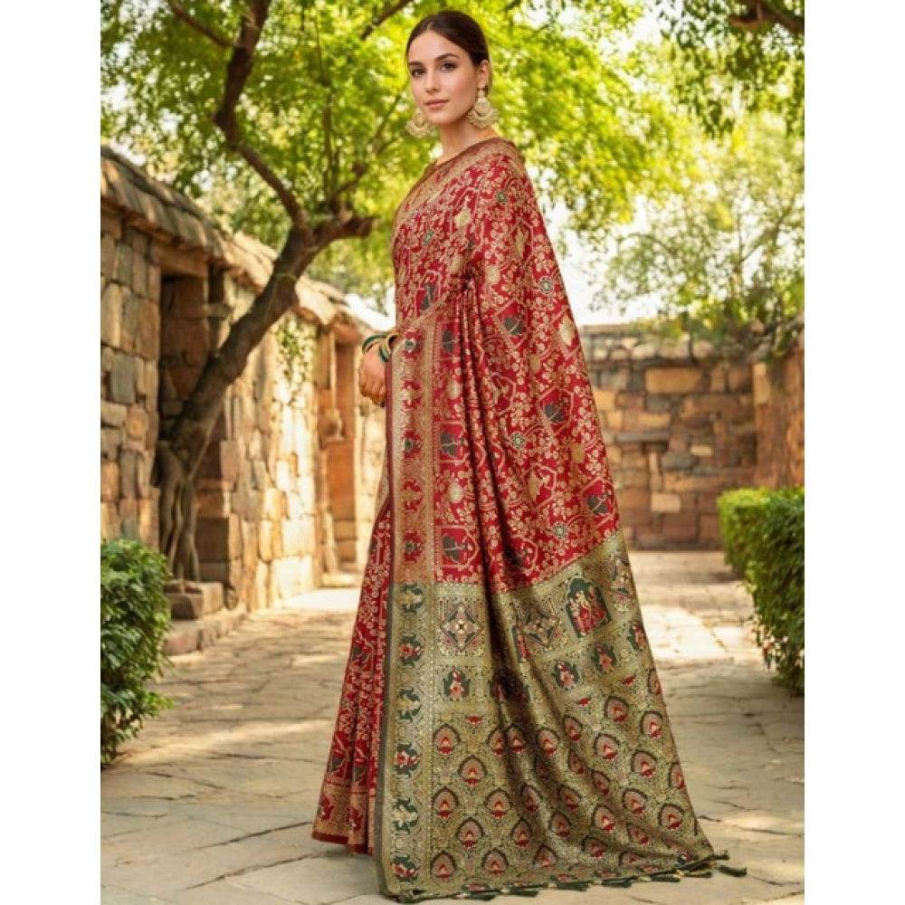 Generic Women's Silk Blend Woven Paithani Saree With Unstitched Blouse 5.5Mtr (Red) - MYLUXURY LANE ENTERPRISE
