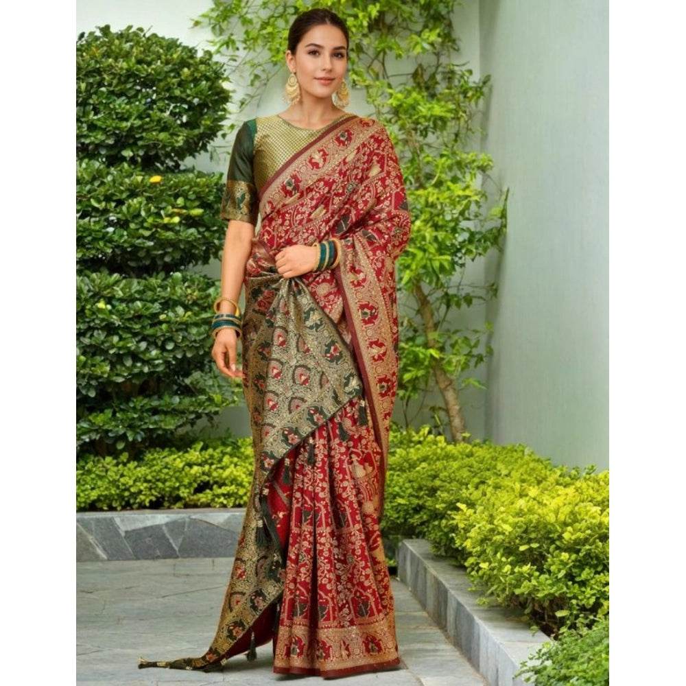 Generic Women's Silk Blend Woven Paithani Saree With Unstitched Blouse 5.5Mtr (Red) - MYLUXURY LANE ENTERPRISE