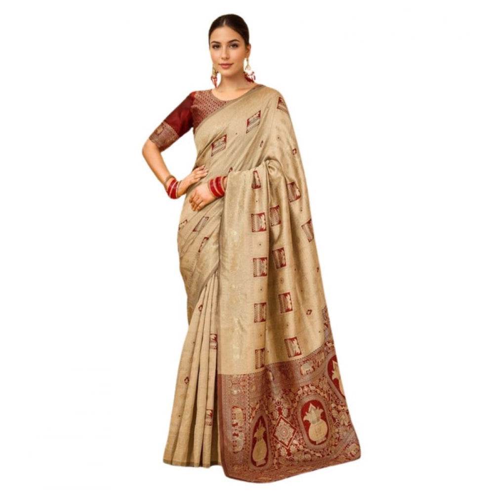 Generic Women's Silk Blend Woven Zari Work Saree With Unstitched Blouse 5.5Mtr (Beige) - MYLUXURY LANE ENTERPRISE