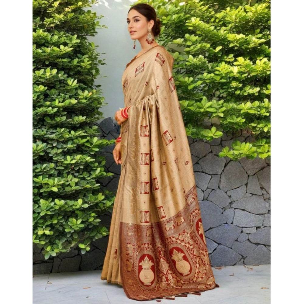 Generic Women's Silk Blend Woven Zari Work Saree With Unstitched Blouse 5.5Mtr (Beige) - MYLUXURY LANE ENTERPRISE