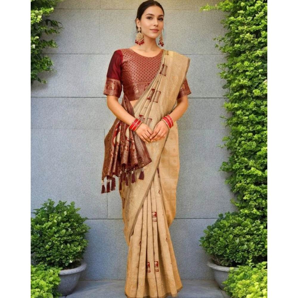 Generic Women's Silk Blend Woven Zari Work Saree With Unstitched Blouse 5.5Mtr (Beige) - MYLUXURY LANE ENTERPRISE