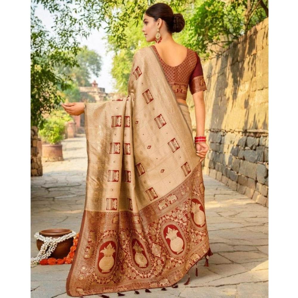 Generic Women's Silk Blend Woven Zari Work Saree With Unstitched Blouse 5.5Mtr (Beige) - MYLUXURY LANE ENTERPRISE