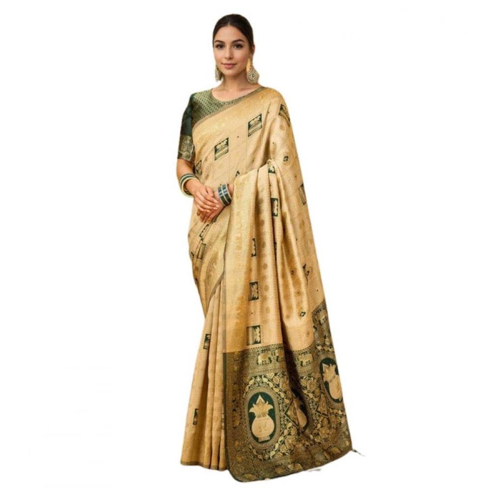 Generic Women's Silk Blend Woven Zari Work Saree With Unstitched Blouse 5.5Mtr (Cream) - MYLUXURY LANE ENTERPRISE